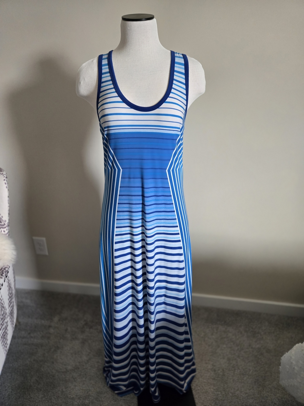 Calvin Klein Blue & White Striped Scoop-Neck Maxi Dress